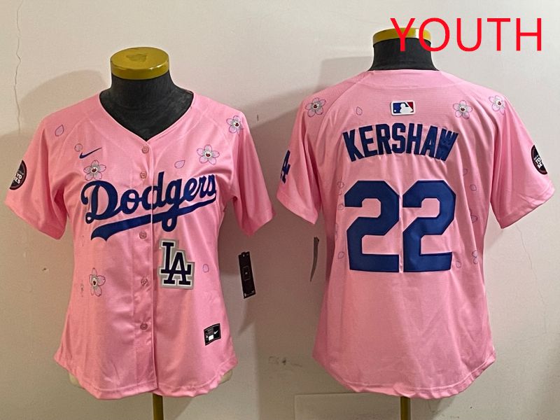 Youth Los Angeles Dodgers #22 Kershaw Pink White Blue Sakura Edition 2025 Nike MLB Jersey style 10